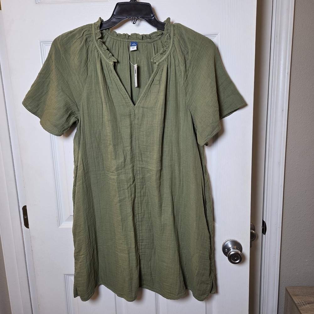 Old Navy sz M petite 100% cotton demi swing dress NWT short slv casual basic grn